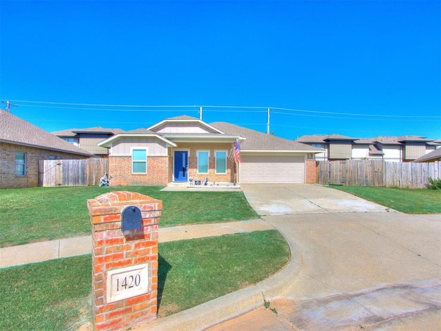 ranch-style house with a front yard and a garage