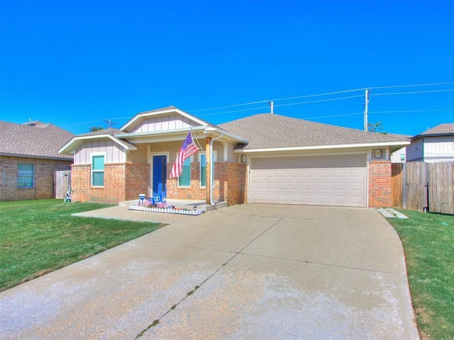 ranch-style house with a front yard and a garage