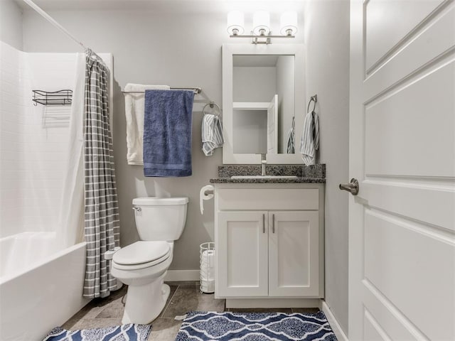 full bathroom featuring toilet, vanity, and shower / tub combo with curtain