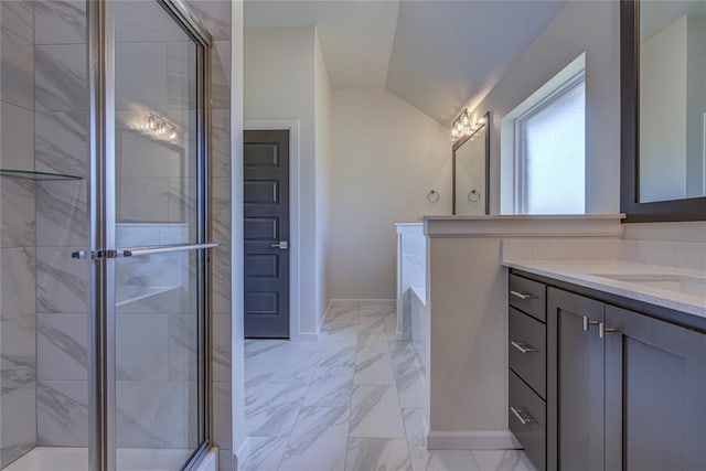 207 Hope Ave, Shawnee, OK 74804 - full bath with vanity, a garden tub, vaulted ceiling, a shower stall, and marble finish flooring