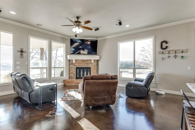 living room featuring ceiling fan, a brick fireplace, and crown molding