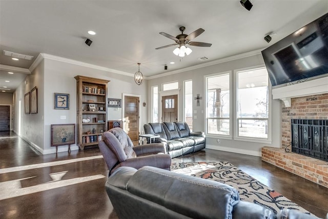 living room with ceiling fan with notable chandelier, crown molding, and a fireplace