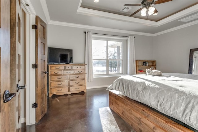 bedroom with ceiling fan, crown molding, and a tray ceiling