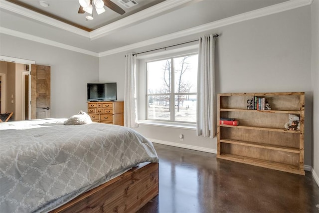 bedroom with a raised ceiling, ceiling fan, and crown molding