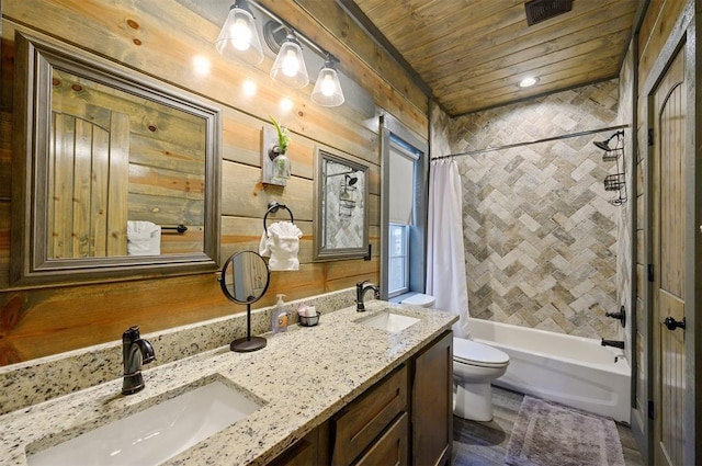 full bathroom with wood ceiling, vanity, toilet, and shower / bath combo