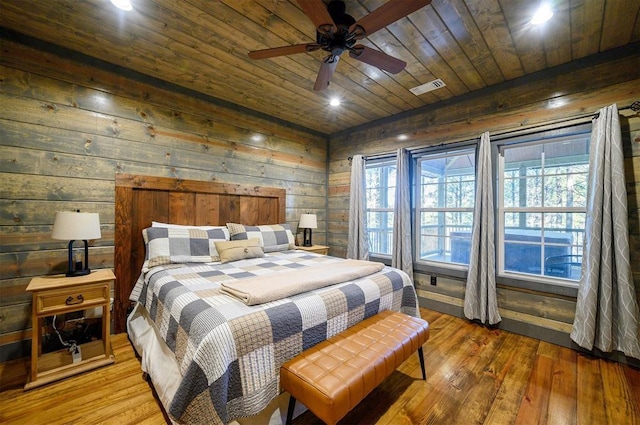 bedroom with hardwood / wood-style flooring and wooden ceiling