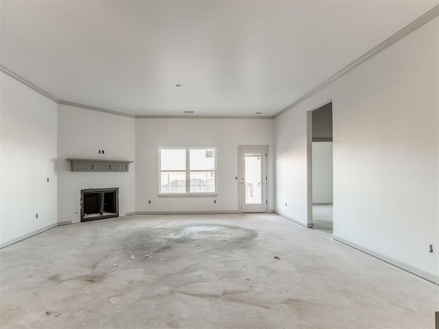 unfurnished living room featuring crown molding