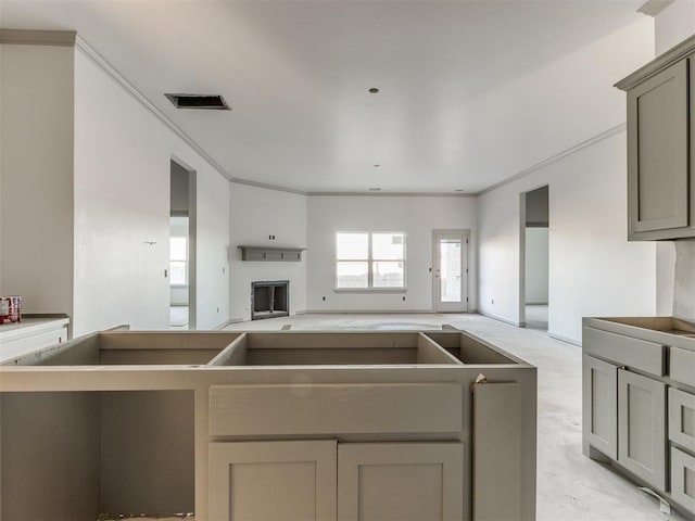 kitchen with gray cabinets and ornamental molding