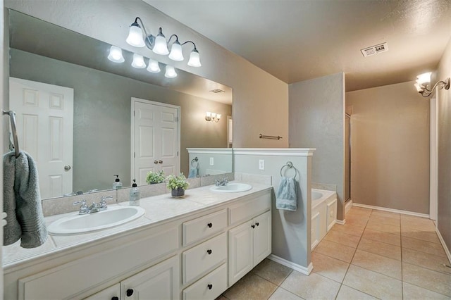 bathroom featuring separate shower and tub, vanity, and tile patterned floors