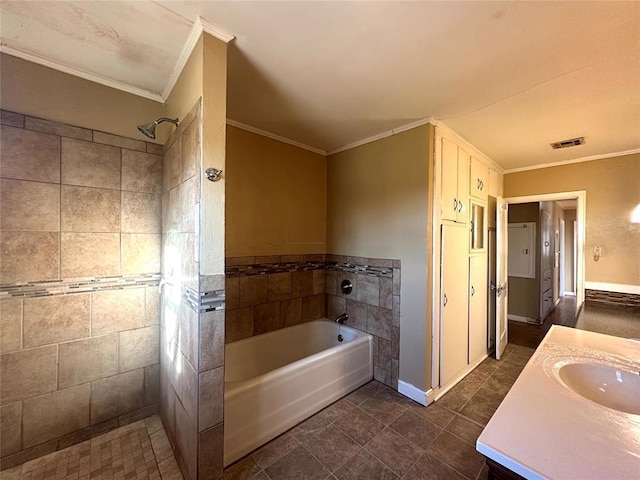 bathroom featuring vanity, ornamental molding, and plus walk in shower