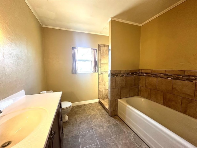 full bathroom with toilet, separate shower and tub, crown molding, and vanity