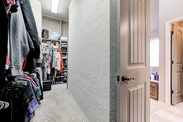 walk in closet with light colored carpet