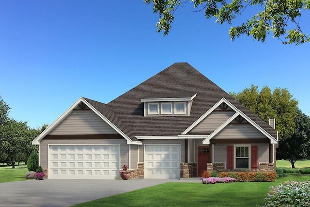 craftsman-style house with a front yard and a garage