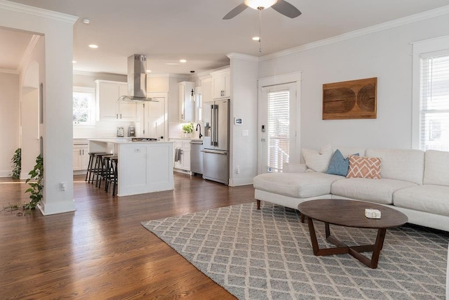 living room with ceiling fan, dark wood-type flooring, ornamental molding, and sink