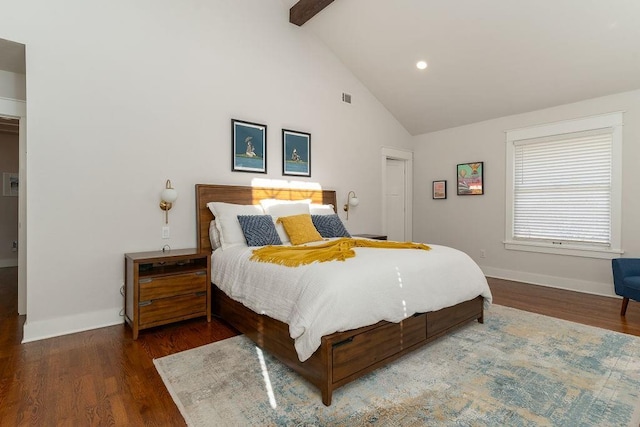 bedroom featuring dark wood-type flooring, high vaulted ceiling, and beam ceiling