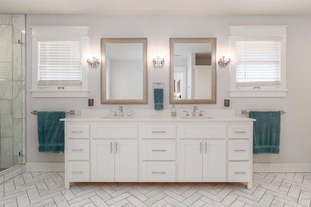 bathroom with vanity and walk in shower