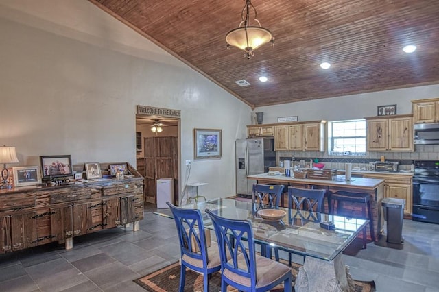 dining area with ceiling fan, high vaulted ceiling, and wooden ceiling