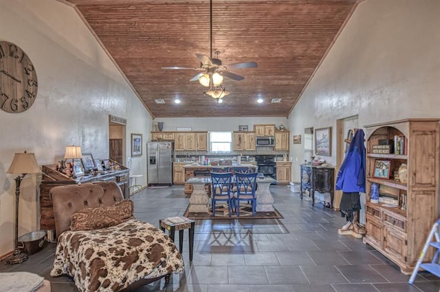 dining area featuring ceiling fan, high vaulted ceiling, and wooden ceiling