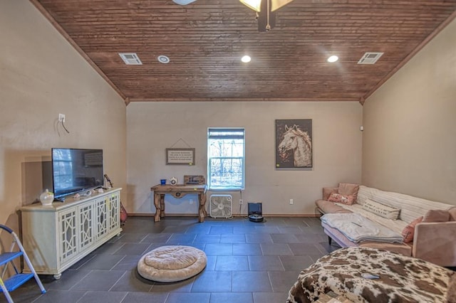 living room with wood ceiling and vaulted ceiling