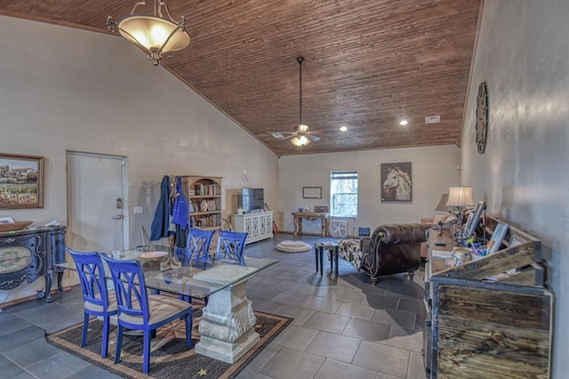 dining space with wood ceiling, high vaulted ceiling, and ceiling fan