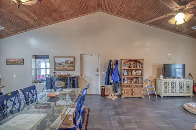 dining room featuring ceiling fan, lofted ceiling, and wood ceiling