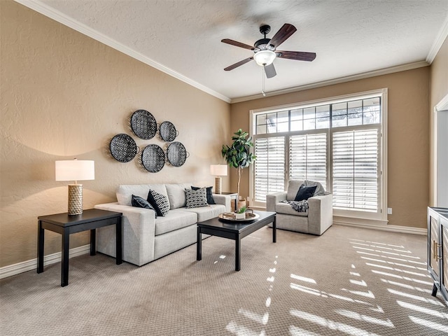 living room featuring ceiling fan, light colored carpet, and plenty of natural light