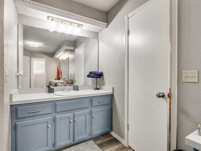 bathroom with a textured ceiling, hardwood / wood-style floors, and vanity