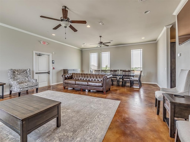 living room featuring ceiling fan, concrete floors, and ornamental molding