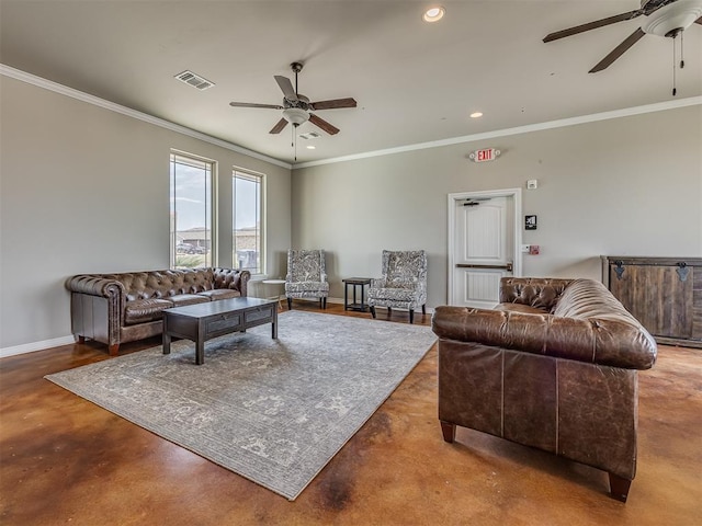 living room with ceiling fan, concrete floors, and ornamental molding