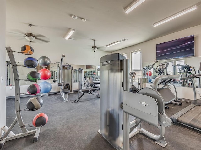 exercise room featuring ceiling fan