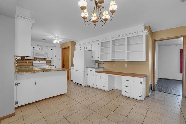 kitchen featuring light tile patterned floors, white appliances, hanging light fixtures, white cabinets, and ceiling fan with notable chandelier