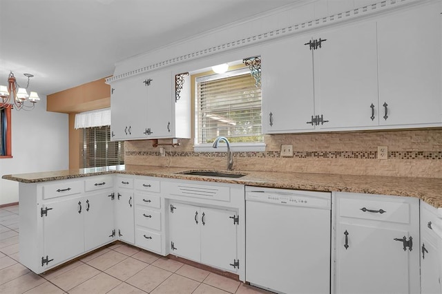 kitchen with sink, white cabinetry, dishwasher, and kitchen peninsula