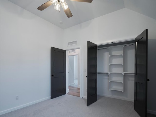 9116 SW 92nd St, Mustang, OK 73064 - unfurnished bedroom with carpet flooring, a closet, ceiling fan, baseboards, and lofted ceiling