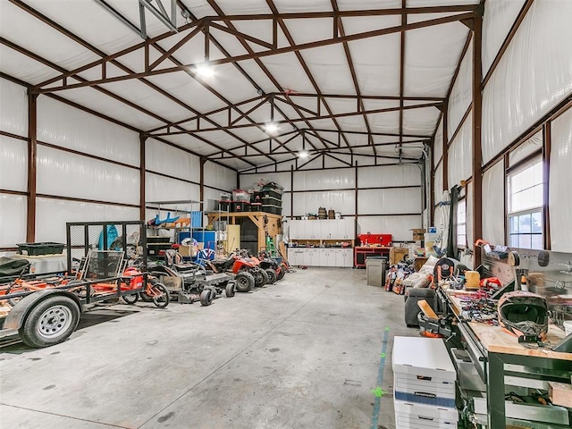 garage with a workshop area