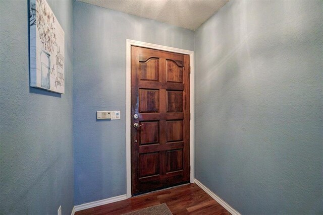 foyer entrance featuring baseboards, a textured ceiling, and dark wood finished floors