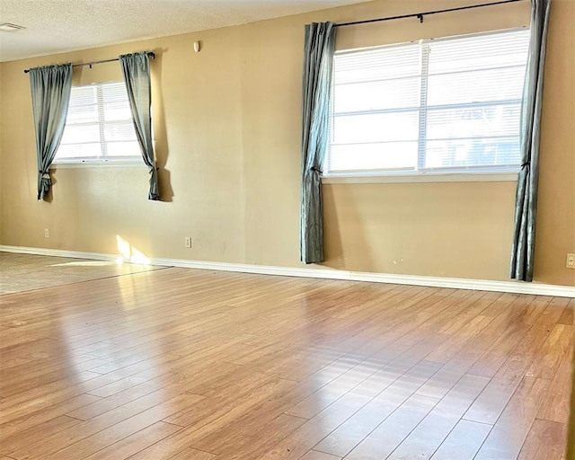 spare room with a textured ceiling, light hardwood / wood-style floors, and plenty of natural light