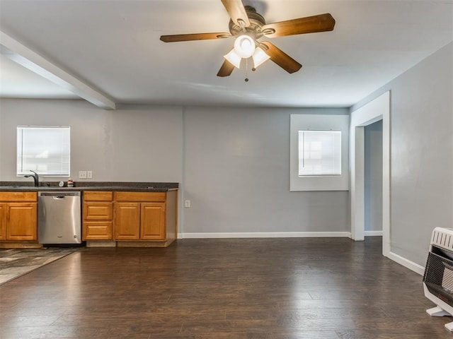 kitchen with dark wood-type flooring, ceiling fan, dishwasher, and heating unit