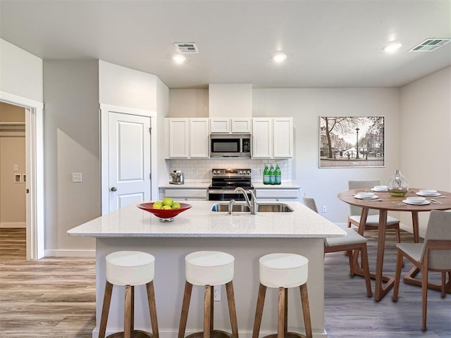 kitchen with sink, stainless steel appliances, a kitchen island with sink, decorative backsplash, and white cabinets