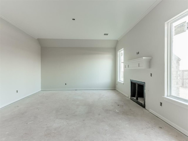 unfurnished living room with vaulted ceiling and crown molding