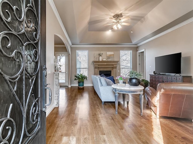 living room featuring crown molding, hardwood / wood-style floors, a tray ceiling, and ceiling fan