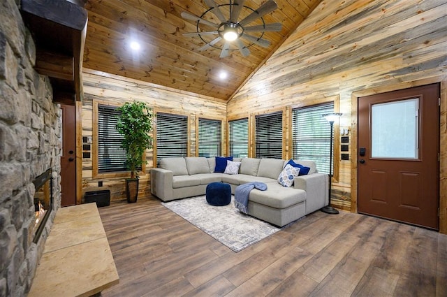 living room featuring high vaulted ceiling, wooden ceiling, ceiling fan, and hardwood / wood-style flooring