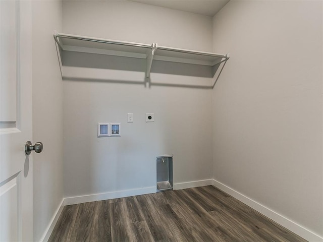 13156 Mannington Rd, Edmond, OK 73025 - laundry area with dark wood finished floors, hookup for a washing machine, electric dryer hookup, and baseboards