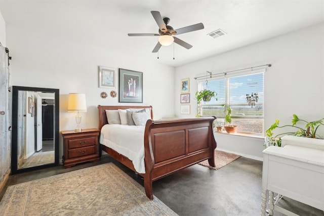 bedroom featuring baseboards, finished concrete floors, visible vents, and ceiling fan