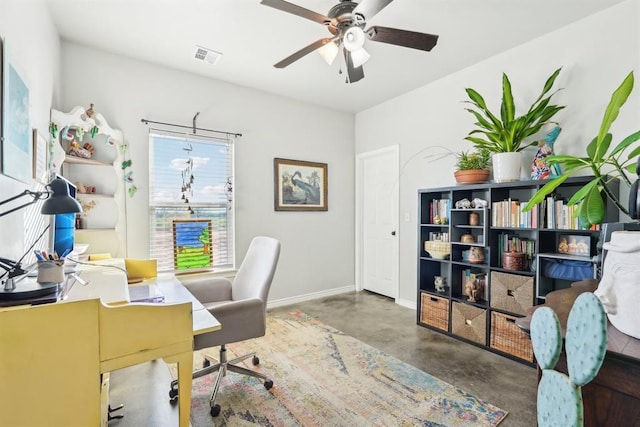 home office with baseboards, concrete floors, visible vents, and a ceiling fan