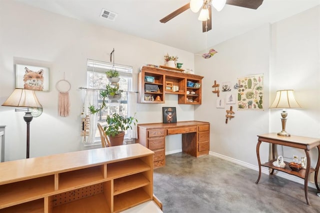 office area with finished concrete floors, visible vents, baseboards, and a ceiling fan