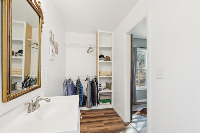 bathroom featuring baseboards, a spacious closet, vanity, and wood finished floors