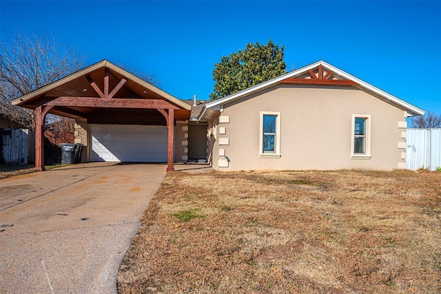 single story home featuring a front yard and a garage