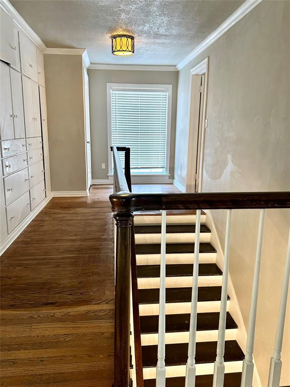 stairs featuring a textured ceiling, ornamental molding, and hardwood / wood-style flooring