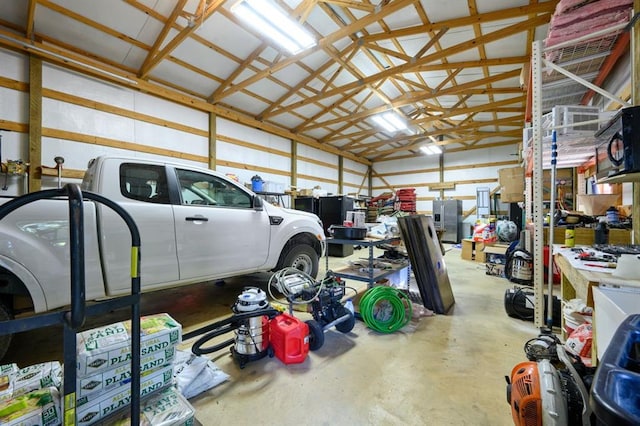 garage with a workshop area