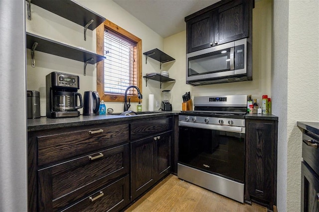 kitchen with light wood-type flooring, dark brown cabinets, sink, and stainless steel appliances